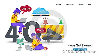 Banner Oops 404 error page not found Internet connection problems Two girls sitting with laptops next to numbers errors for Vector Illustration