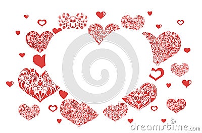 Banner with patterned hearts on white background. Vector Illustration