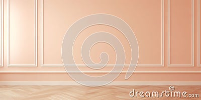 A banner with a peach fuzz color room baroque walls with white lines and a beige wood floor. Copy space. Background for Editorial Stock Photo
