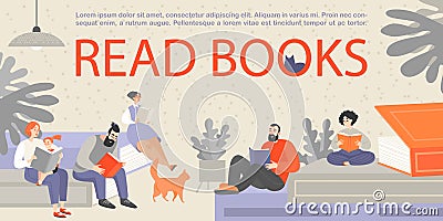 Banner with people sitting on huge books and reading. People of different ages are passionate about reading books Vector Illustration