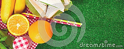 Banner with Picnic on the grass. Summer Time Rest. Flat lay Stock Photo