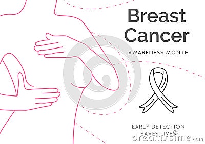 Banner with pink outline style woman. Woman silhouette lined art. Self Check For Breast Cancer. Awareness month with Vector Illustration