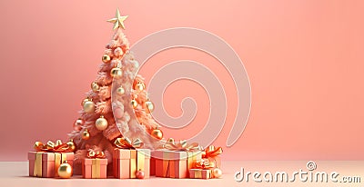 Banner Pink, Peach Color Christmas Tree, Pine with Golden Ball Toys, Decorations With Gift Stock Photo