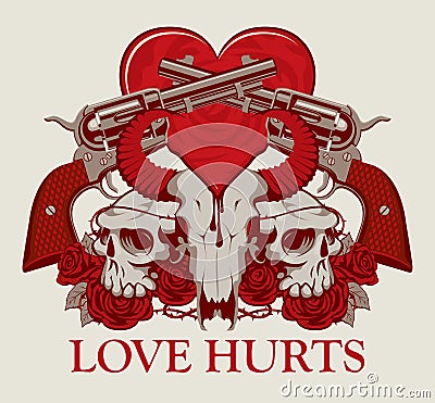 Banner with pistols on the theme of Love Hurts Vector Illustration