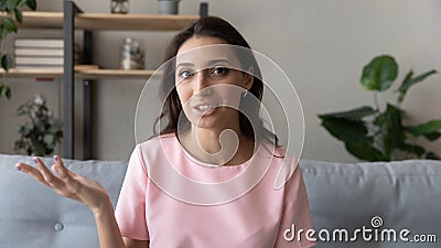 Banner portrait of ethnic woman talk on video call Stock Photo