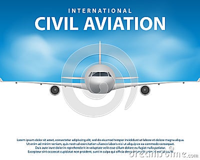 Banner, poster, flyer with Airplane background. Plane in blue sky, civil aviation airliner. Commercial airliner travel Vector Illustration