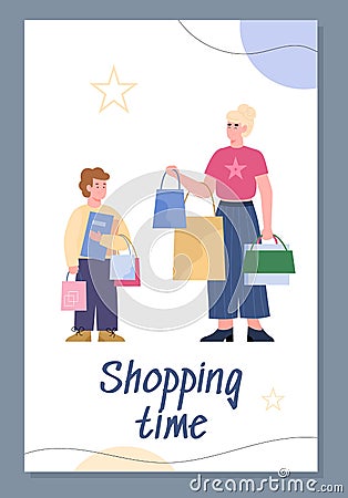 Banner or poster with mother and child going shopping, flat vector illustration. Vector Illustration