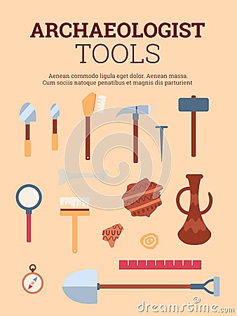 Banner with archaeologists tools for excavating, flat vector illustration. Vector Illustration