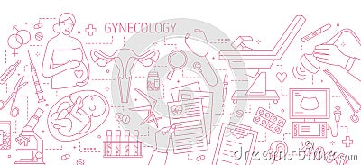 Banner with pregnant woman, baby in womb, uterus, gynecological tools and equipment drawn with contour lines on white Vector Illustration