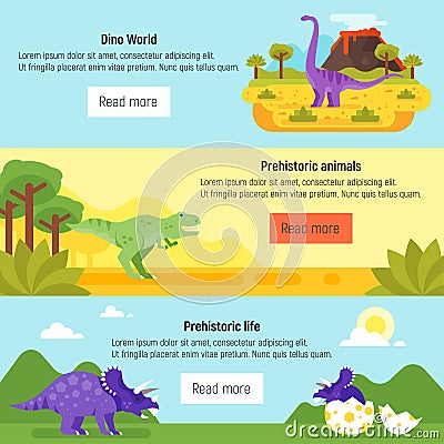 Banner with prehistoric landscape and dinosaurs. Vector Illustration