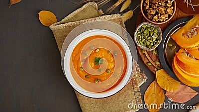 Banner of pumpkin cream soup with walnut and seeds, dark wooden background top view Stock Photo