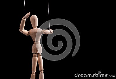 Banner with puppet on strings. Manipulation, control, abusive relationship or addiction concept. Marionette in human Stock Photo