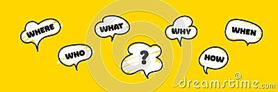 Banner with question what, how, why, what and where. Business web banner. Place for your text. Ask and question mark sign. Cartoon Illustration