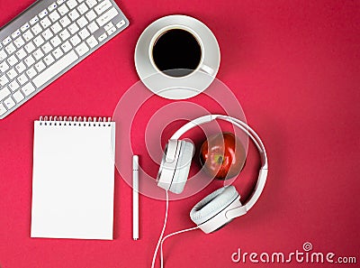 banner on a red background, flat layout, home office, online education, webinars, seminars, blogging training Stock Photo