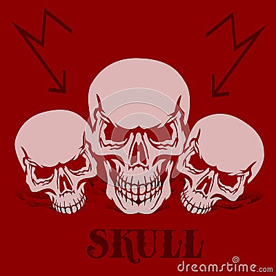 Banner on a red background.Three gray skulls, silhouette with sh Vector Illustration