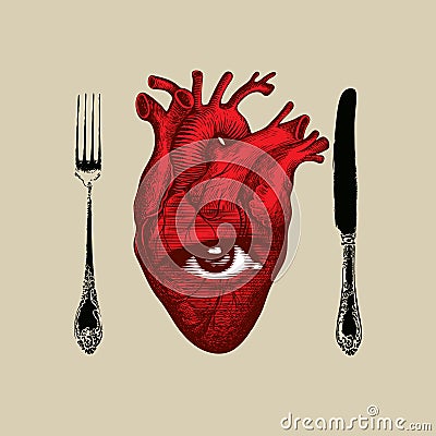 Banner with a red human heart, eye and cutlery Vector Illustration