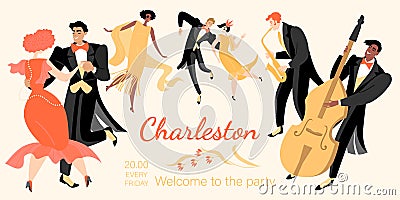 Banner for a retro party with young dancing people and funny musicians Vector Illustration