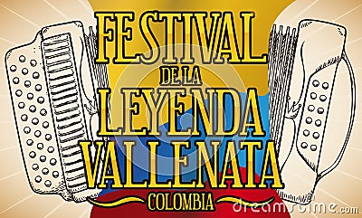 Accordion Sketch and Flag to Celebrate Vallenato Legend Festival, Vector Illustration Vector Illustration