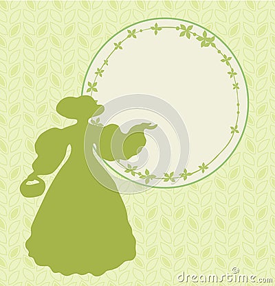 Banner with retro woman silhouette and round floral frame Elegant template in vintage style for cards, labels, invitations Stock Photo