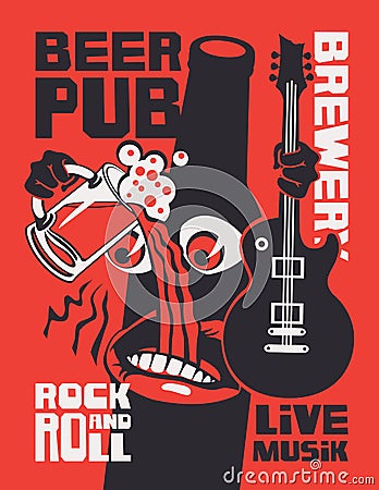 Banner for rock-n-roll pub with funny beer bottle Vector Illustration