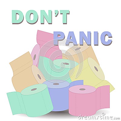 A banner with rolls of colored toilet paper and a call do not panic during virus quarantine. Actual world problem with consumer Stock Photo