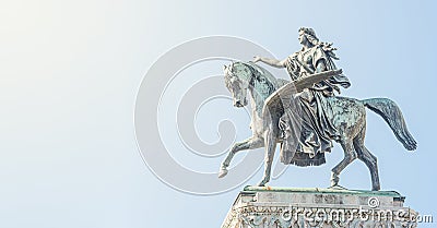 Banner with roof sculpture of goddess Muse riding Pegasus, a winged horse, at Vienna State Opera House, Vienna, Austria, details, Stock Photo