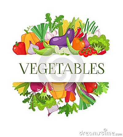 Banner round composition with colorful vegetables for farmers market menu design. Healthy food concept. Vector Vector Illustration