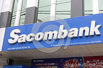 Banner of Sacombank on the street in Vietnam Editorial Stock Photo