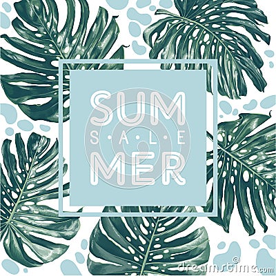 Summer sale poster with monstera deliciosa in realistic style with high details and modern flat elements. Vector Illustration