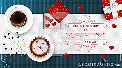Banner sale up to fifty percent happy Valentines day with space for text decoration design cupcake and coffee cups heart gift Vector Illustration