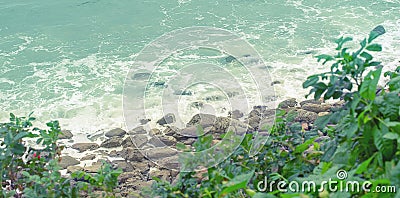 Banner sea shore rocky beach sea pebble waves foam bushes rose hip Natural seascape Stock Photo