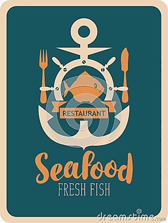 Banner for seafood restaurant with anchor and fish Vector Illustration
