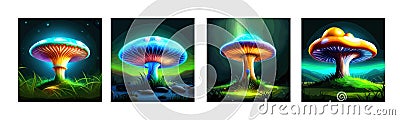 banner set Fabulous big mushroom in a magical forest. Fantasy Mushrooms Vector Illustration