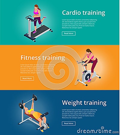 Banner set Fitness woman working out on exercise bike, Young woman with barbell flexing muscles, Pretty girl working out Vector Illustration