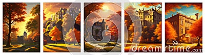 banner set Incredible landscape of meadow, orange trees on the hill and lonely castle Vector Illustration