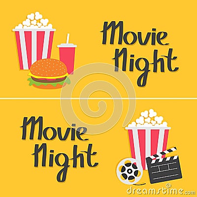 Banner set. Movie reel Open clapper board Popcorn Cinema icon collection. Movie night text. Flat design style. Yellow background. Vector Illustration