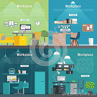 Banner set Office workplace interior design Graphic . Business objects, elements and equipment. Vector Illustration