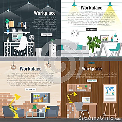 Banner set Office workplace interior design Graphic . Business objects, elements and equipment. Web Printed Materials Vector Illustration