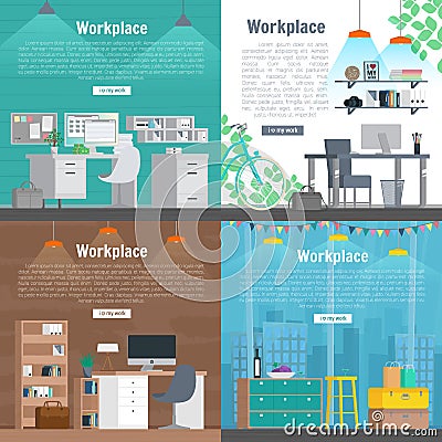 Banner set Office workplace interior design Graphic . Business objects, elements and equipment. Web Printed Materials Vector Illustration