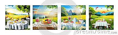 Banner set rustic picnic on nature table with white cloth cutlery mug Vector Illustration