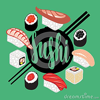 Banner with a set of sushi and rolls Vector Illustration