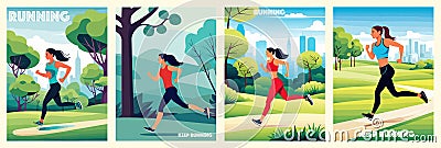 Banner set Training today cartoon landing page, sportswoman outdoor running Vector Illustration