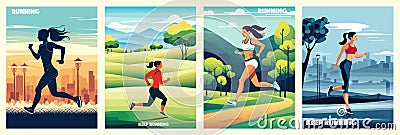 Banner set Training today cartoon landing page, sportswoman outdoor running Vector Illustration