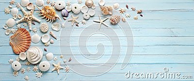 Summer Shells Blue Wood Banner Background Stock Photo