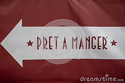Banner, showing the direction to a Pret a Manger cafe Editorial Stock Photo