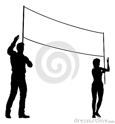 Banner Silhouette Protestors at March Rally Strike Vector Illustration