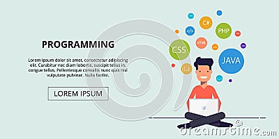 Banner for the site study programming. Happy young man sitting with a laptop. The icons in the colored circles. Vector Vector Illustration