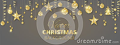 Banner with sparkling Christmas glitter ornaments. Golden fiesta border. Festive garland with hanging balls and ribbons. Vector Illustration