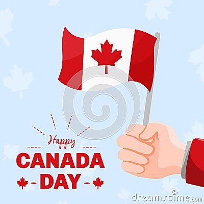 Banner square greeting canada day with hand holding flag, independence background post, typography happy canada day Vector Illustration