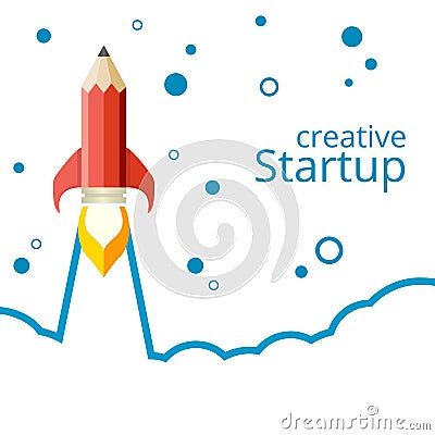 Banner for a startup. Pencil rocket takeoff. Line abstract background. Vector Illustration